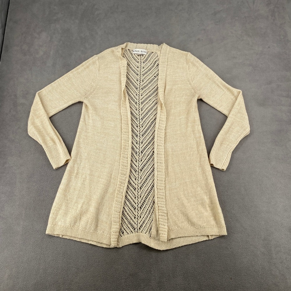 Knox Rose Cream Beige Open Front Cardigan Lace Mesh Crochet Back XS